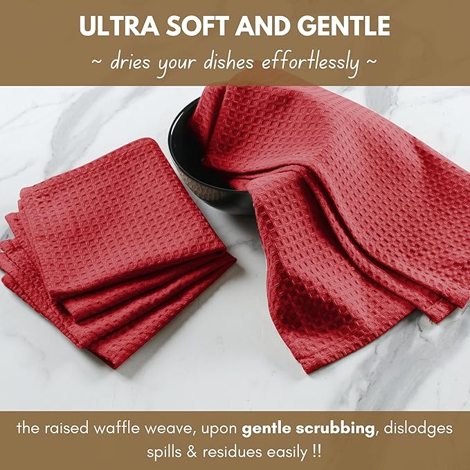 Native Fab Waffle 18 Pack Dish Cloths - 100% Cotton, 12"x12", Absorbent, Quick Drying, Washable Towels for Cleaning, Cooking & Baking - Ideal for Home, Hotels, Bars, Restaurants, Multiple Use - Red