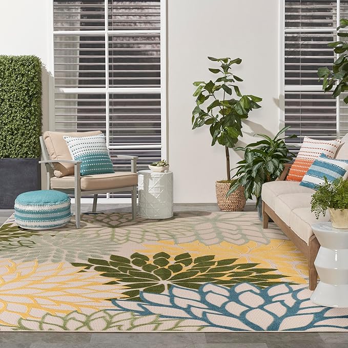 Nourison Home Aloha Indoor/Outdoor Green Multicolor 7'10" x 10'6" Area Rug, Easy-Cleaning, Non Shedding, Bed Room, Living Room, Dining Room, Backyard, Patio, Deck (8x11)