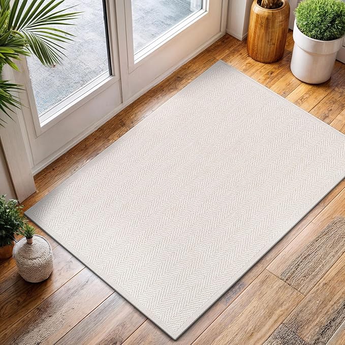 CAMILSON Easy Jute Rug 2x3, Indoor Outdoor Off-White Color Fiber Area Rugs for Bathroom and Kitchen Rug, Herringbone Seagrass Boho Woven Design, Easy-Cleaning, Washable Outside Carpet Alfombras 2 x 3