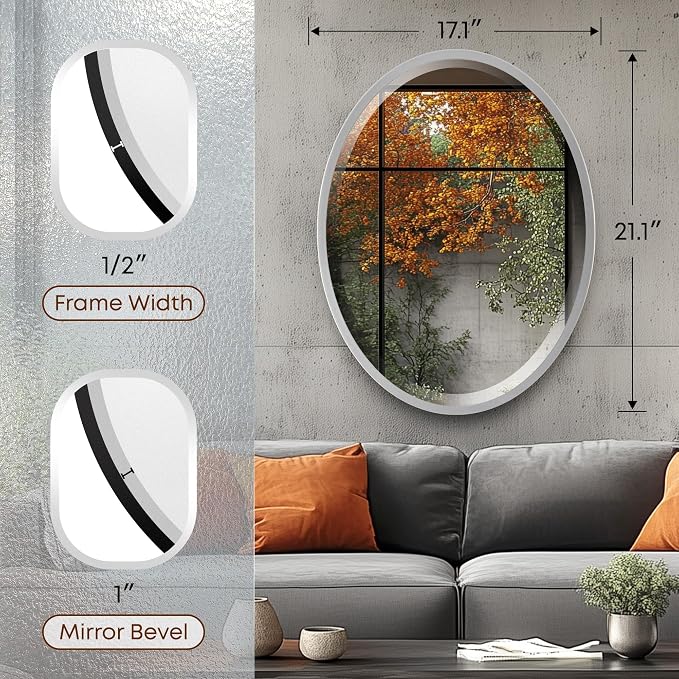 OVALCREST - Oval Wooden Beveled Wall Mirror for Home Decor, Bathroom, Vanity, Bedroom, Living Room, Hallway - London Style (Silver Spray) 21.1 x 17.1