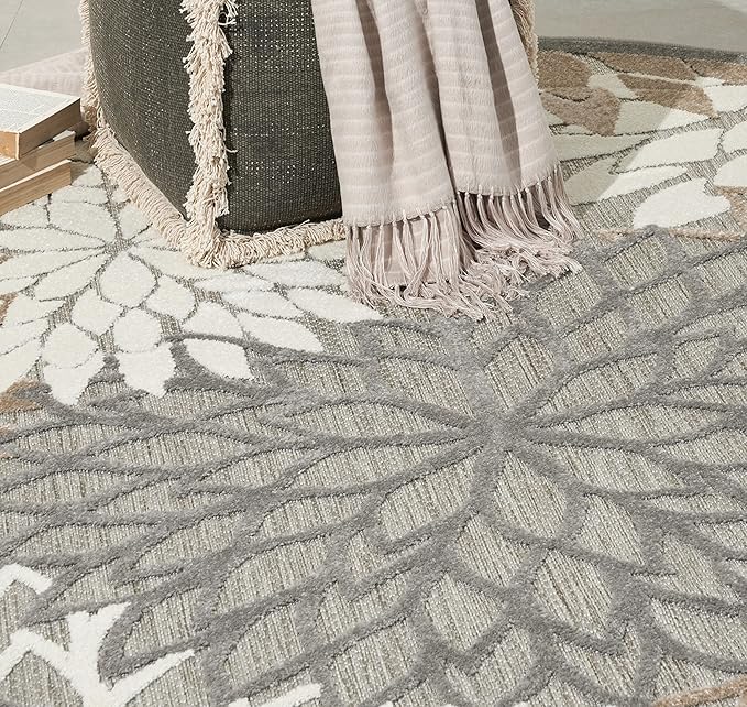 Nourison Aloha Indoor/Outdoor Area Rug 5'3", Natural, Round Tropical Botanical Easy-Cleaning Non Shedding Bed Room Living Room Dining Room Deck Backyard Patio