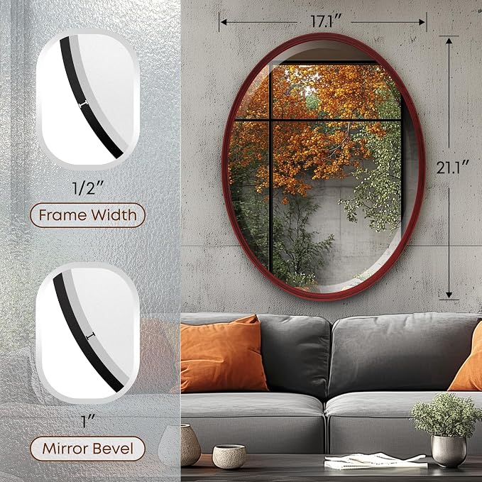 OVALCREST - Oval Wooden Beveled Wall Mirror for Home Decor, Bathroom, Vanity, Bedroom, Living Room, Hallway - London Style (Black Cherry) 21.1 x 17.1