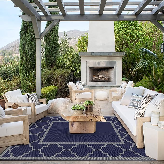 GENIMO 4 ' x 6 ' Outdoor Rug for Patio Clearance, Waterproof Indoor Outdoor Plastic Straw Rugs Carpet, Reversible Outside Area Rv Mat for Camping, Balcony Porch, Deck, Picnic, Beach (Blue & Gray)