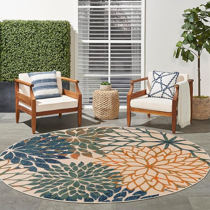 Nourison Home Aloha 8' x Round Blue Green Fabric Tropical Area Rug (8' Round)