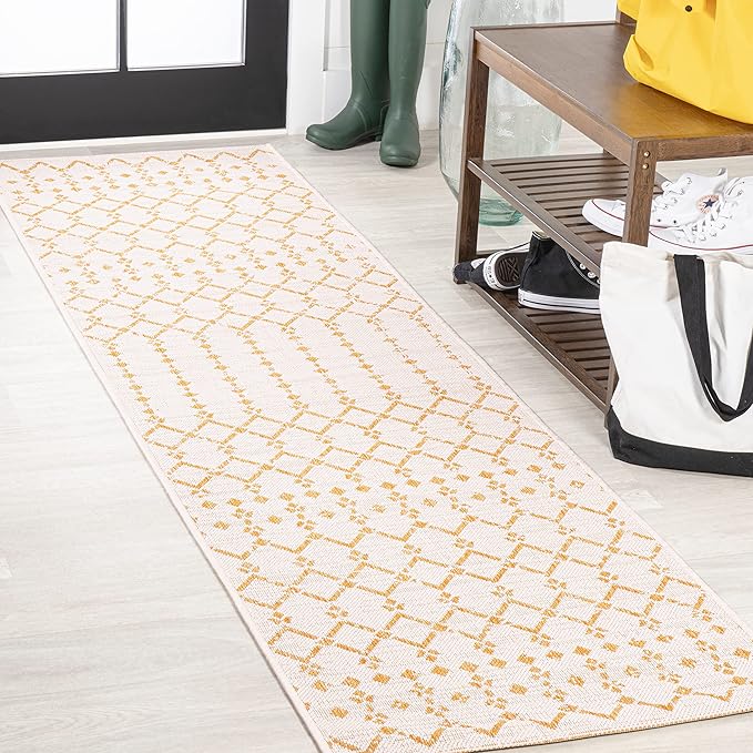 JONATHAN Y SMB108J-28 Ourika Moroccan Geometric Textured Weave Indoor Outdoor Runner Rug, Bohemian, Rustic, Scandinavian Easy-Cleaning,Bedroom,Kitchen,Backyard,Patio,Non Shedding, Cream/Yellow, 2 X 8