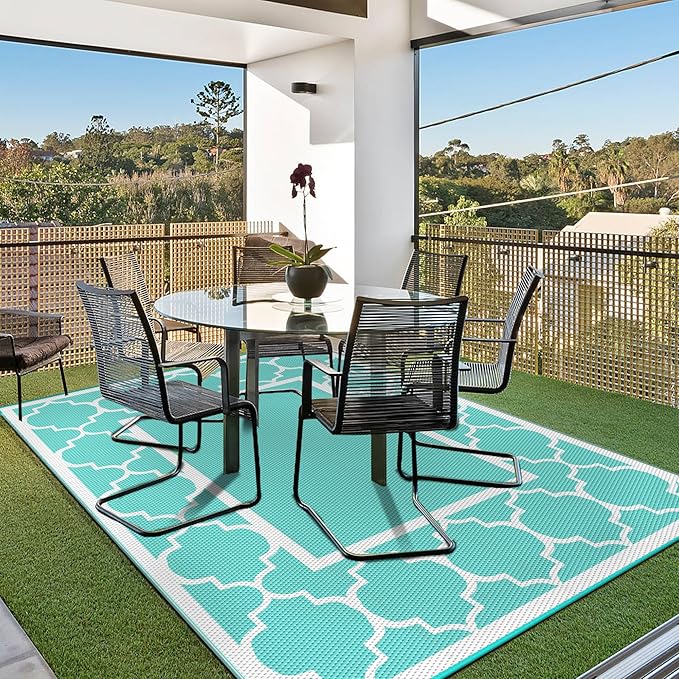 GENIMO 6' x 9' Outdoor Rug Waterproof for Patio Decor, Reversible Plastic Straw Area Mats Carpet for Camper Clearance, Outside Carpet for Rv, Deck, Porch, Beach, Balcony, Aqua Blue & White