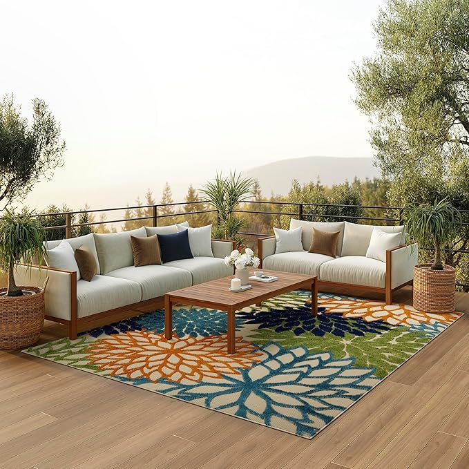 Nourison Aloha Indoor/Outdoor Multicolor 7' x 10' Area Rug, Easy Cleaning, Non Shedding, Bed Room, Living Room, Dining Room, Deck, Backyard, Patio (7x10)