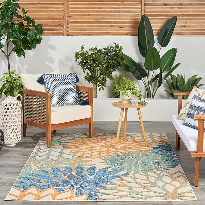 Nourison Home Aloha Indoor Outdoor Blue Green 3'6" x 5'6" Area Rug, Easy Cleaning, Non Shedding, Bed Room, Living Room, Dining Room, Backyard, Deck, Patio (4x6)