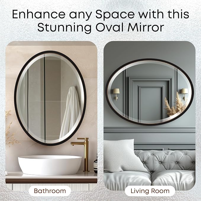OVALCREST - Oval Wooden Beveled Wall Mirror for Home Decor, Bathroom, Vanity, Bedroom, Living Room, Hallway - London Style (Rubbed Black) 25.1 x 21.1