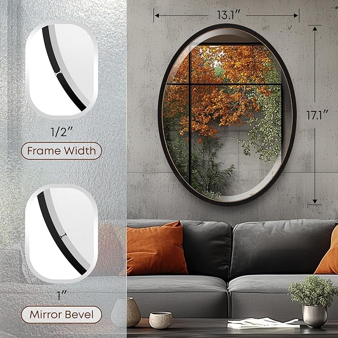 OVALCREST - Oval Wooden Beveled Wall Mirror for Home Decor, Bathroom, Vanity, Bedroom, Living Room, Hallway - London Style (Rubbed Black) 17.1 x 13.1