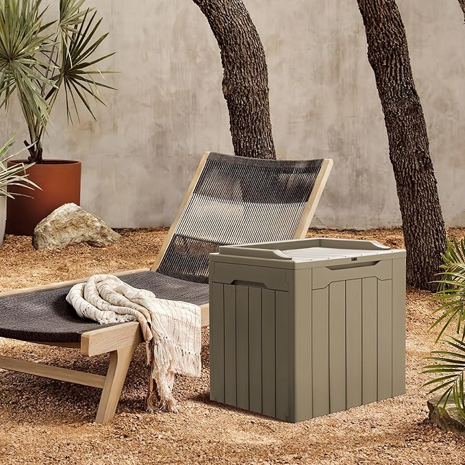 Greesum 31 Gallon Resin Deck Box All Weather Outdoor Storage Boxes for Patio Furniture Set,Outdoor Toys,Garden Tools,Light Coffee