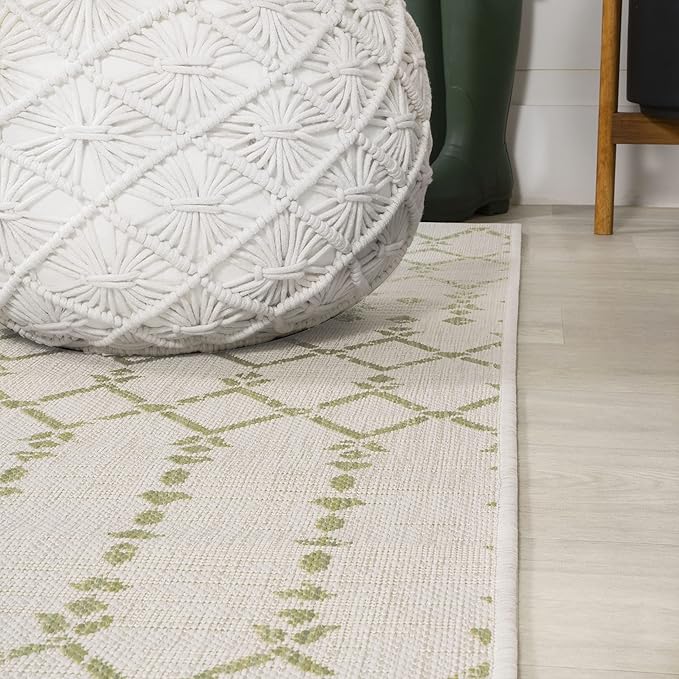JONATHAN Y SMB108M-28 Ourika Moroccan Geometric Textured Weave Indoor Outdoor Runner Rug, Coastal, Traditional, Transitional Easy-Clean,Bedroom,Kitchen,Backyard,Patio,Non Shedding, Cream/Green, 2 X 8