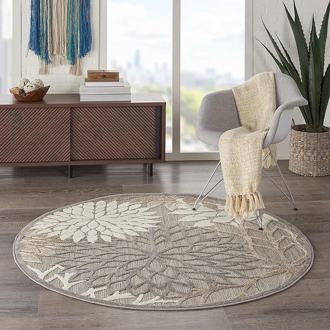 Nourison Aloha Indoor/Outdoor Area Rug 5'3", Natural, Round Tropical Botanical Easy-Cleaning Non Shedding Bed Room Living Room Dining Room Deck Backyard Patio