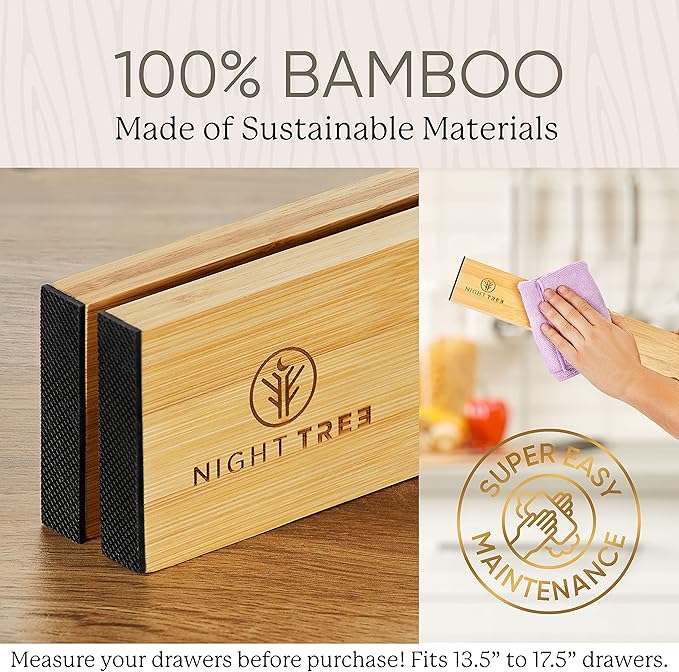 Night Tree Expandable Bamboo Drawer Dividers – Spring-Loaded Wooden Organizers