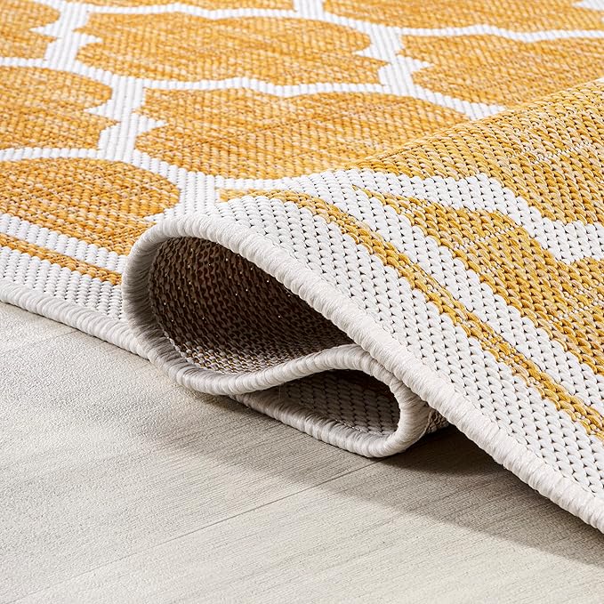 Eyely BMS109F-28 Santa Monica Trebol Moroccan Trellis Textured Weave Indoor/Outdoor Runner Rug Coastal;Bohemian, Bedroom, Backyard, Patio, Easy-Cleaning, Non-Shedding, 2 X 8, Yellow/Cream