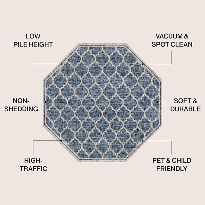 Eyely BMS109D-5TGN Trebol Moroccan Trellis Textured Weave Navy/Gray 5' Octagon Indoor/Outdoor Area Rug, Navy/Gray, 5' Octagon, Indoor/Outdoor, Area Rug