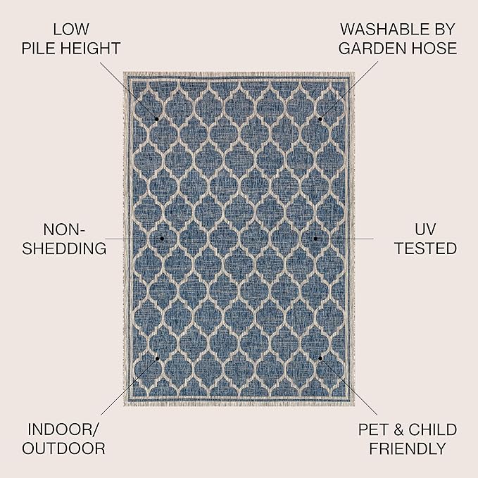Eyely BMS109D-6R Santa Monica Trebol Moroccan Trellis Textured Weave, Pet Friendly, Non-Shedding, Stain Resistant, Easy-Cleaning, Navy/Gray, 6' Round, Indoor/Outdoor, Area Rug