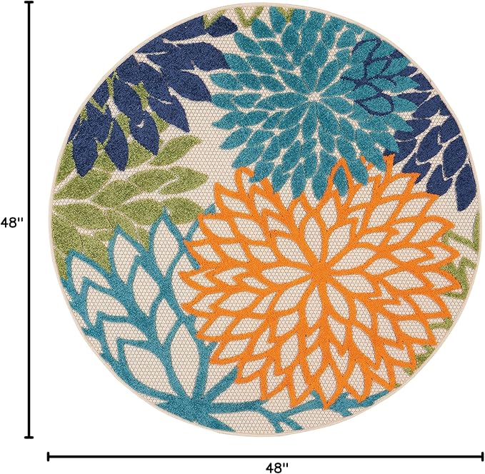 Nourison Home Aloha Indoor/Outdoor Multicolor 4' x Round Area Rug, Tropical, Botanical, Easy Cleaning, Non Shedding, Bed Room, Living Room, Dining Room, Deck, Backyard, Patio (4 Round)