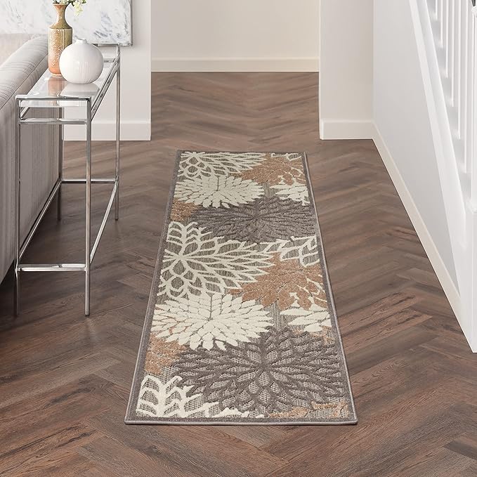 Nourison Aloha Indoor/Outdoor Area Rug 2'3" x 10', Natural, Runner Tropical Botanical Easy-Cleaning Non Shedding Bed Room Living Room Dining Room Deck Backyard Patio