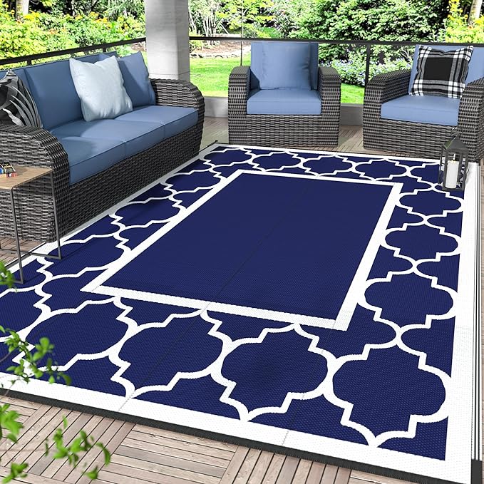 GENIMO 6' x 9' Outdoor Rug Waterproof for Patio Fall Decor, Foldable Reversible Plastic Straw Area Rugs Mat for Camper, Outside Carpet for Rv, Deck, Porch, Picnic, Beach, Balcony, Blue & Grey