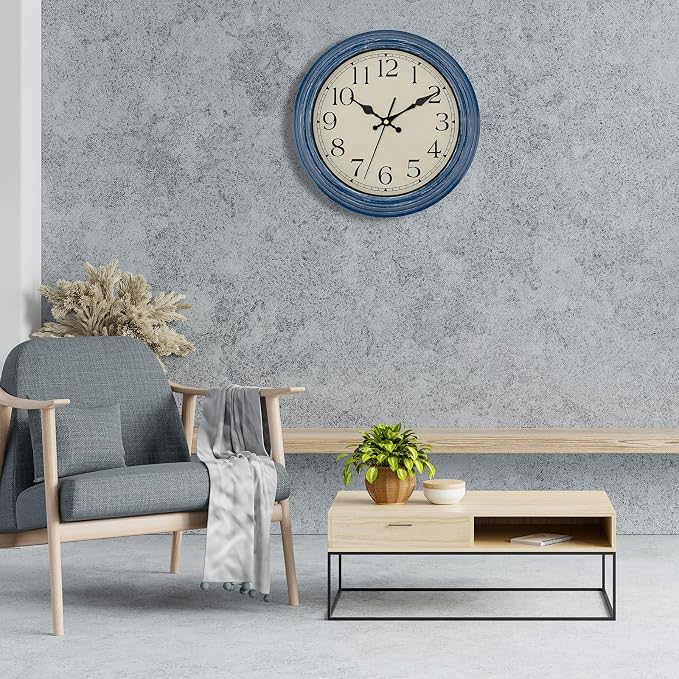 Foxtop 12 Inch Wall Clocks Battery Operated Silent Non-Ticking Classic Vintage Retro Wall Clock Decorative for Office Living Room Kitchen Home (Blue)