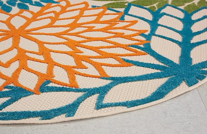 Nourison Aloha Indoor/Outdoor Multicolor 5'3'' x Round Area--Rug, Tropical, Botanical, Easy--Cleaning, Non Shedding, Bed Room, Living Room, Dining Room, Deck, Backyard, Patio (5 Round)