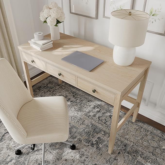 Martha Stewart Rhett Home Office Desk with 3 Drawers and Tapered Legs in Light Natural with Antique Bronze Hardware
