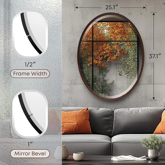 OVALCREST - Oval Wooden Beveled Wall Mirror for Home Decor, Bathroom, Vanity, Bedroom, Living Room, Hallway - London Style (Black Walnut) 37.1 x 25.1