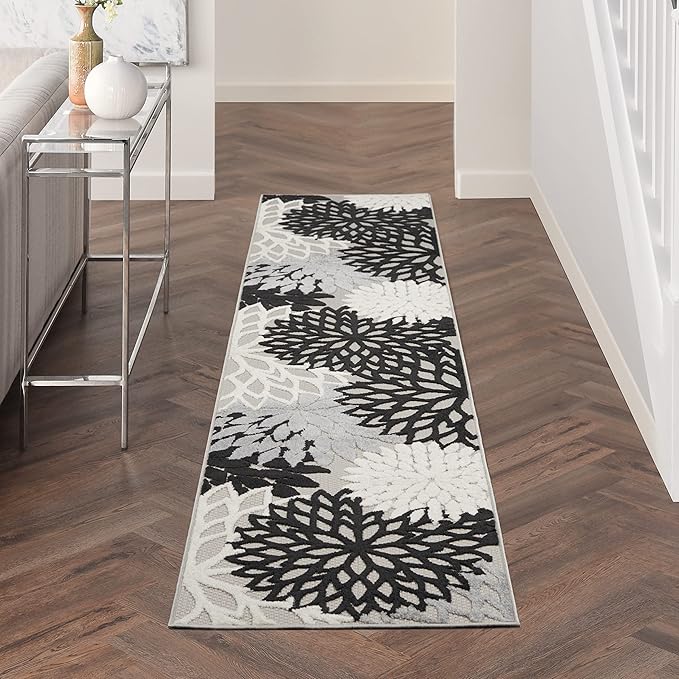 Nourison Aloha Indoor/Outdoor Black White 2'3" x 10' Area Rug, Tropical, Botanical, Easy Cleaning, Non Shedding, Bed Room, Living Room, Dining Room, Deck, Backyard, Patio (2x10)