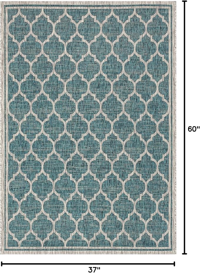 Eyely BMS109E-3 Santa Monica Trebol Moroccan Trellis Textured Weave Indoor/Outdoor Area Rug Coastal;Bohemian, Bedroom, Backyard, Patio, Easy-Cleaning, Non-Shedding, 3 X 5, Teal/Gray