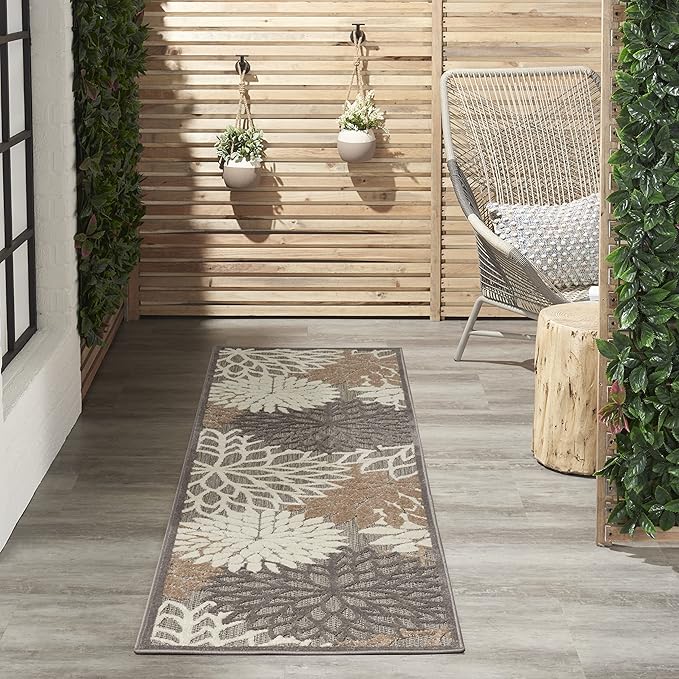 Nourison Aloha Indoor/Outdoor Area Rug 2'3" x 8', Natural, Runner Tropical Botanical Easy-Cleaning Non Shedding Bed Room Living Room Dining Room Deck Backyard Patio