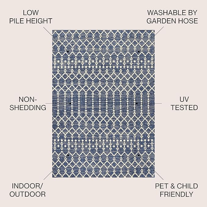 JONATHAN Y SMB108K-4SQ Ourika Moroccan Geometric Textured Weave Navy/Beige 4' Square Indoor/Outdoor Area Rug, Pet Friendly, Non-Shedding, Stain Resistant, Easy-Cleaning for Backyard, Patio, Porch