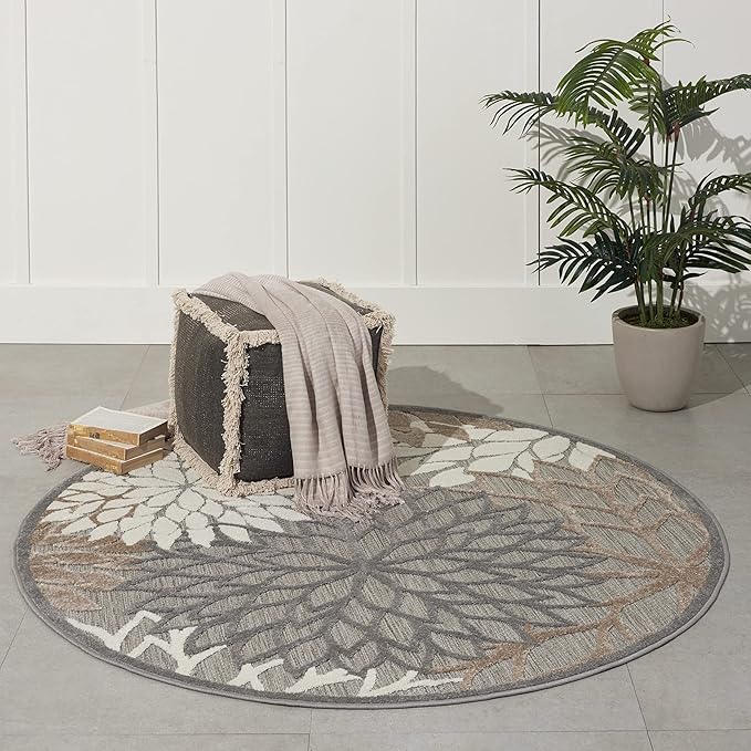 Nourison Aloha Indoor/Outdoor Area Rug 5'3", Natural, Round Tropical Botanical Easy-Cleaning Non Shedding Bed Room Living Room Dining Room Deck Backyard Patio
