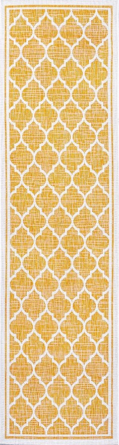 Eyely BMS109F-28 Santa Monica Trebol Moroccan Trellis Textured Weave Indoor/Outdoor Runner Rug Coastal;Bohemian, Bedroom, Backyard, Patio, Easy-Cleaning, Non-Shedding, 2 X 8, Yellow/Cream
