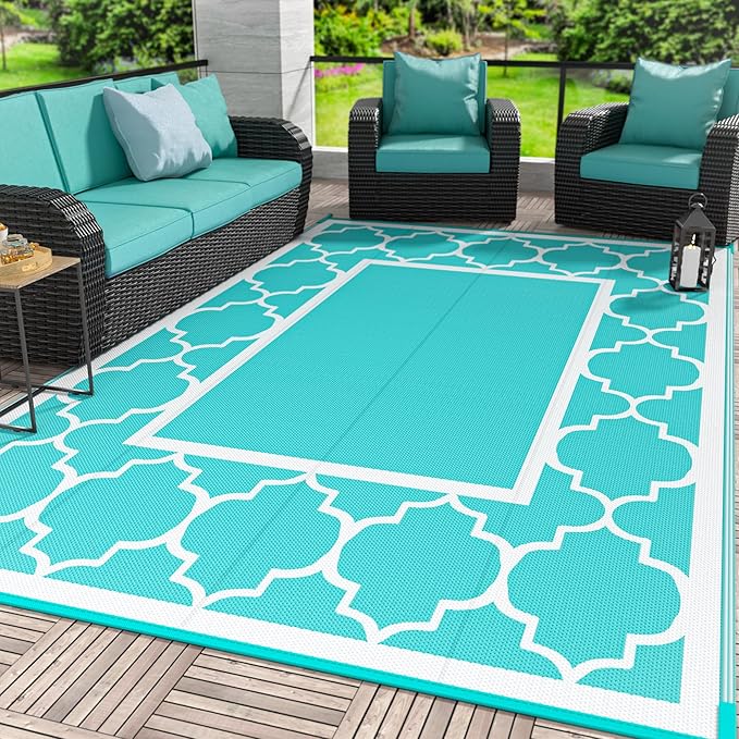 GENIMO 6' x 9' Outdoor Rug Waterproof for Patio Decor, Reversible Plastic Straw Area Mats Carpet for Camper Clearance, Outside Carpet for Rv, Deck, Porch, Beach, Balcony, Aqua Blue & White