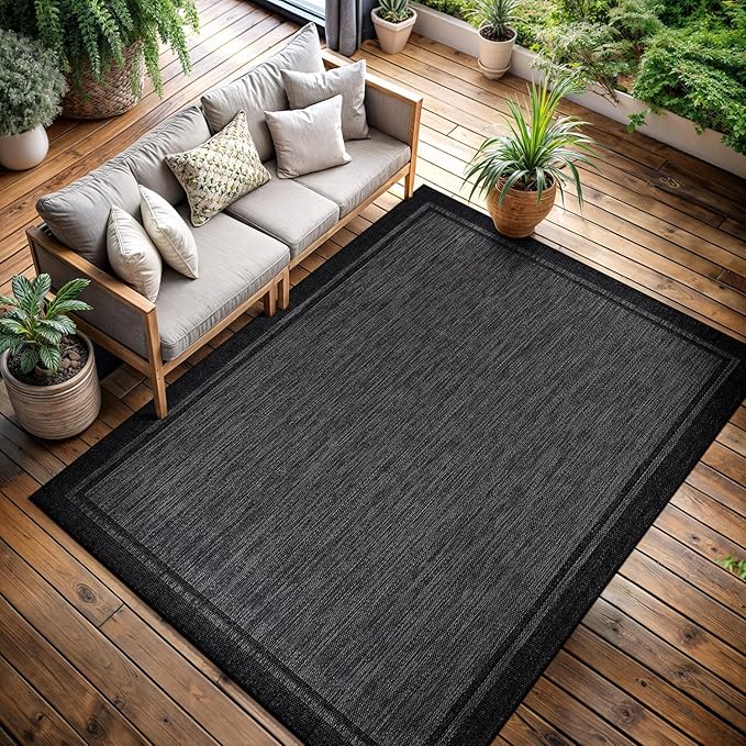 CAMILSON Indoor Outdoor Rug, 6x9 Bordered Dark Grey Black Modern Area Rugs for Indoor and Outdoor Patios, Kitchen and Hallway Mats, Washable Porch Deck Outside Carpet (Bordered Black, 6 x 9)