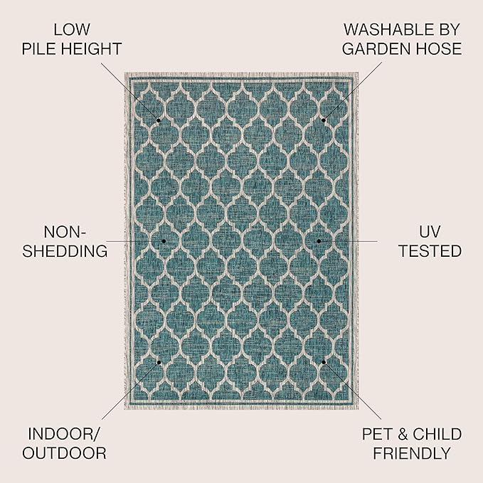 Eyely BMS109E-6R Santa Monica Trebol Moroccan Trellis Textured Weave, Pet Friendly, Non-Shedding, Stain Resistant, Easy-Cleaning, Teal/Gray, 6' Round, Indoor/Outdoor, Area Rug