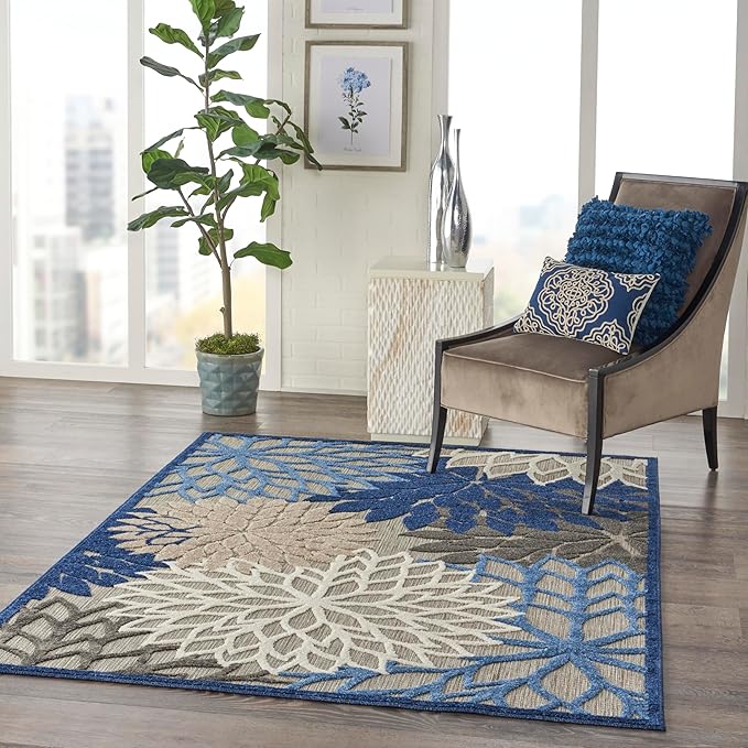 Nourison Aloha Indoor/Outdoor Blue/Multicolor 6' x 9' Area Rug, Easy Cleaning, Non Shedding, Bed Room, Living Room, Dining Room, Deck, Backyard, Patio (6x9)
