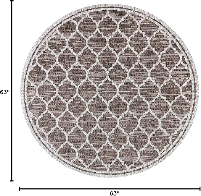 Eyely BMS109B-5R Santa Monica Trebol Moroccan Trellis Textured Weave Indoor/Outdoor Area Rug Coastal;Bohemian, Bedroom, Backyard, Patio, Easy-Cleaning, Non-Shedding, 5' Round, Espresso/Taupe
