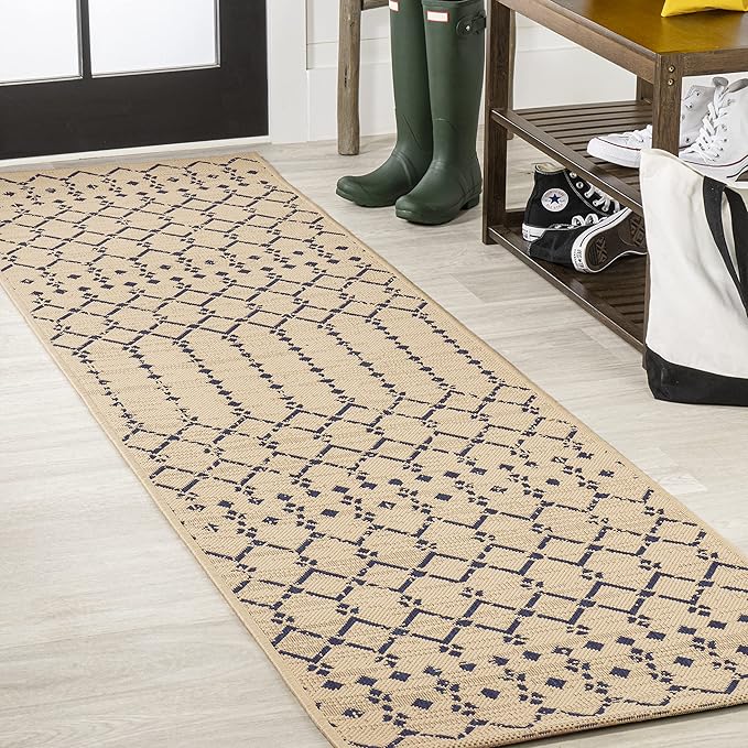 JONATHAN Y SMB108H-210 Ourika Moroccan Geometric Textured Weave Indoor Outdoor Runner Rug, Coastal,Traditional,Transitional Easy Clean,Bedroom,Kitchen,Backyard,Patio, Non-Shed, Beige/Navy, 2 X 10