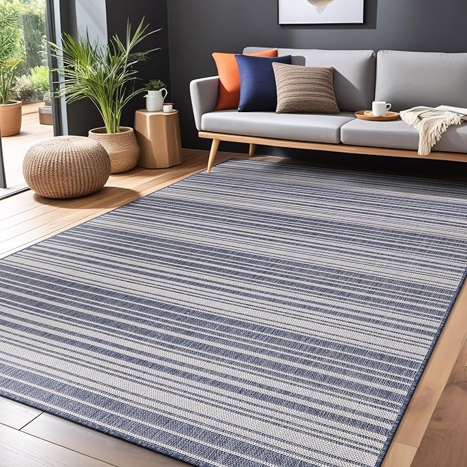 Stripe Outdoor Rug 5x7 Washable Outside Carpet for Indoor Patio Porch Waterproof Easy Cleaning Non Shedding Area Rugs Blue 5 x 7