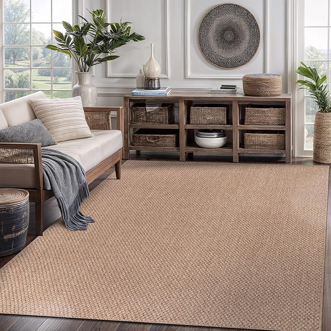 CAMILSON Easy Jute Rug 9x12, Large Indoor Outdoor Natural Color Farmhouse Area Rugs for Living Room Patio and Kitchen Rug, Solid Boho Woven Design, Easy-Cleaning, Washable Outside Carpet (9 x 12)