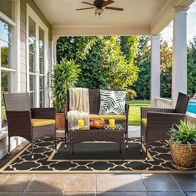 GENIMO 6' x 9' Outdoor Rug Waterproof for Patio Decor, Foldable Reversible Plastic Straw Area Rugs Mat for Camper, Outside Carpet for Rv, Deck, Porch, Picnic, Beach, Balcony, Black & Brown
