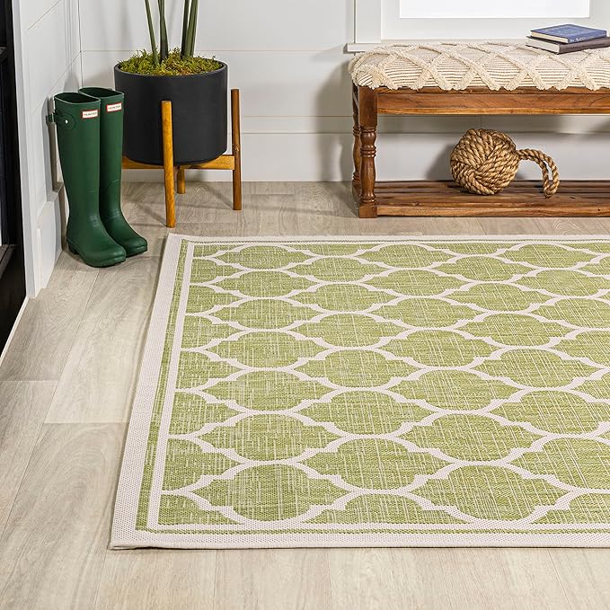 Eyely BMS109G-3 Santa Monica Trebol Moroccan Trellis Textured Weave Indoor/Outdoor Area Rug Coastal;Bohemian, Bedroom, Backyard, Patio, Easy-Cleaning, Non-Shedding, 3 X 5, Green/Cream