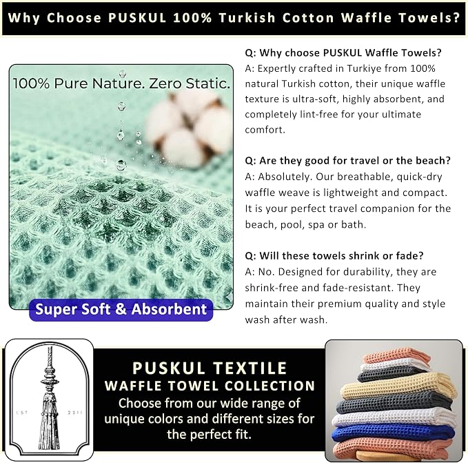 PÜSKÜL 4-Piece Natural 100% Turkish Cotton Luxury Waffle Towels for Bathroom | Premium Honeycomb Weave 2 Hand Towel & 2 Bath Towel Set | Soft Absorbent Quick-Dry Lightweight Towels (Sage Green)