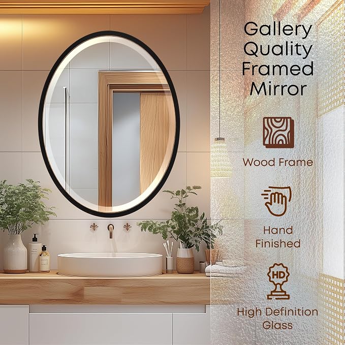 OVALCREST - Oval Wooden Beveled Wall Mirror for Home Decor, Bathroom, Vanity, Bedroom, Living Room, Hallway - London Style (Rubbed Black) 25.1 x 21.1