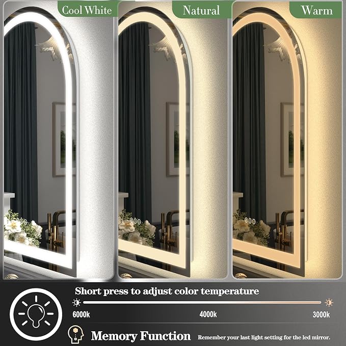 Arched LED Bathroom Mirror 20x28 Inch with Backlit and Frontlit, Dimmable Vanity Mirror for Wall, Anti-Fog, 3 Colors, Memory, Shatter-Proof, ETL Listed