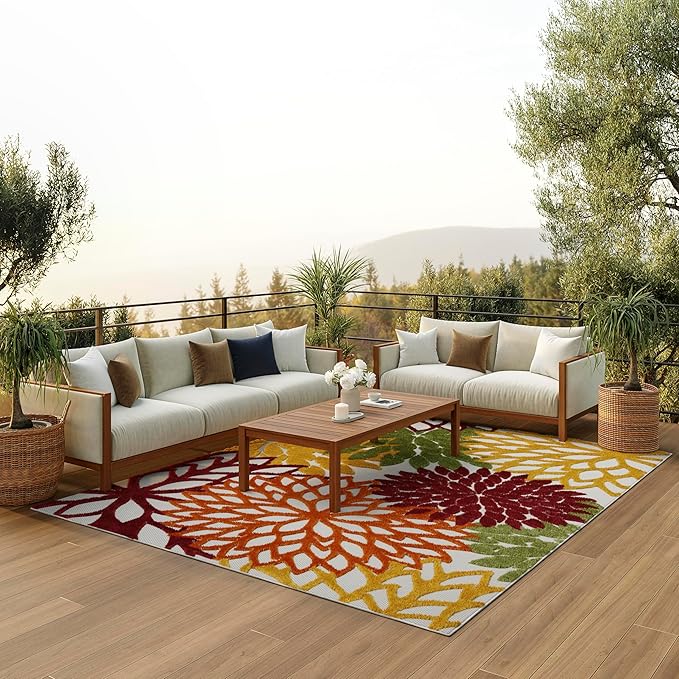 Nourison Aloha Indoor/Outdoor Red Multi Colored 7' x 10' Area Rug, Tropical, Botanical, Easy Cleaning, Non Shedding, Bed Room, Living Room, Dining Room, Deck, Backyard, Patio (7x10)