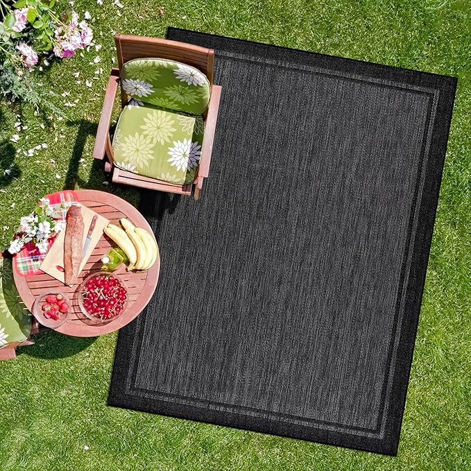 CAMILSON Indoor Outdoor Rug, 10x14 Bordered Dark Grey Black Modern Large Area Rugs for Indoor and Outdoor Patios, Kitchen and Hallway Mats, Washable Porch Deck Outside Carpet (Bordered Black, 10 x 14)