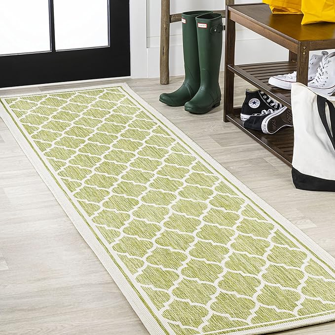 Eyely BMS109G-28 Santa Monica Trebol Moroccan Trellis Textured Weave Indoor/Outdoor Runner Rug Coastal;Bohemian, Bedroom, Backyard, Patio, Easy-Cleaning, Non-Shedding, 2 X 8, Green/Cream